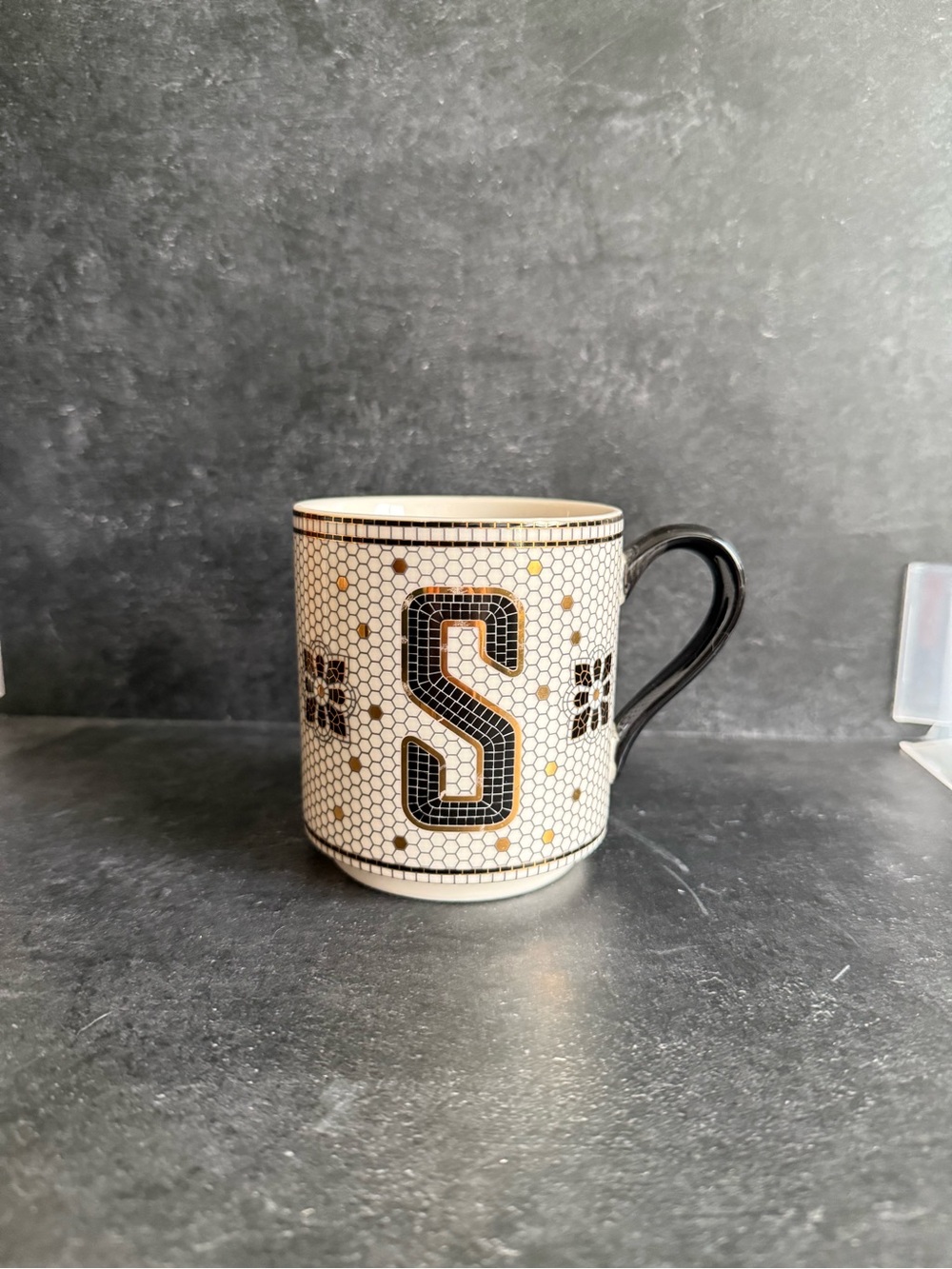 Anthropologie White, Black and Gold Monogram S Mug